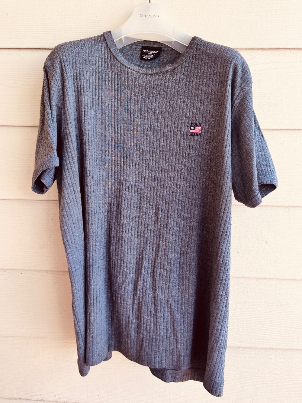 Vintage 90s Polo Jeans Co Ralph Lauren T Shirt Mens L Ribbed Gray Flag Logo VTG
